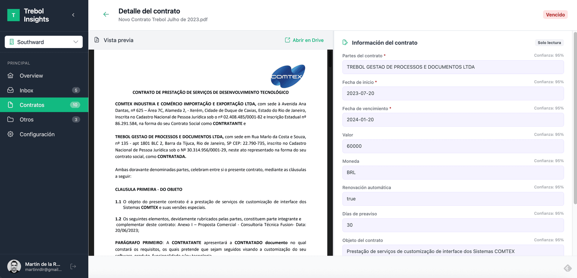Vista de detalle de contrato